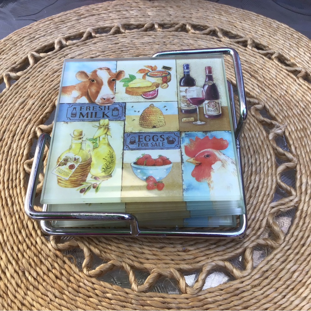 Colorful Glass “Farm” Coaster Set with Holder